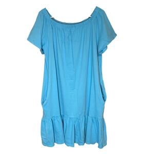 Lands End Women’s Teal Off the Shoulder Casual Ruffled Mini Dress Large